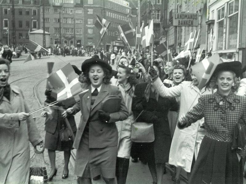 Crowds in Copenhagen celebrate the liberation of Denmark in May 1945