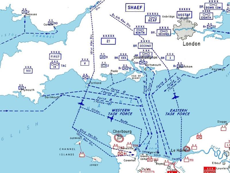 Map showing the amphibious and airborne routes planned for the Allied forces on D-Day, 6 June 1944.