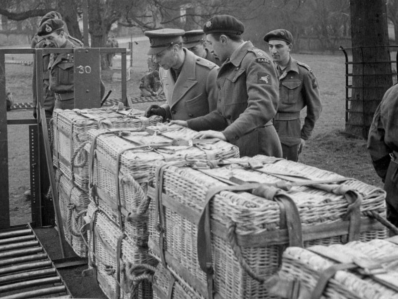 The King inspects a supply pannier at Harlaxton Manor