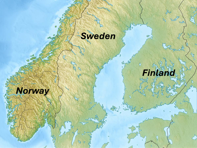 Terrain map of Norway-Sweden-Finland