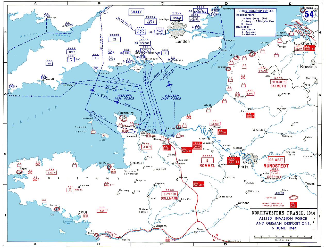 Map showing the Allied forces on 6 June 1944
