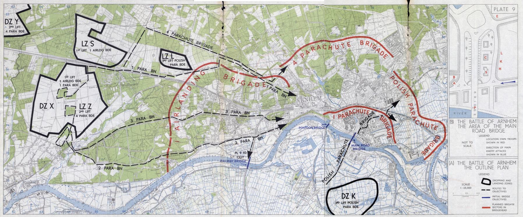 Map of Arnhem, showing planned British dropzones and assault routes