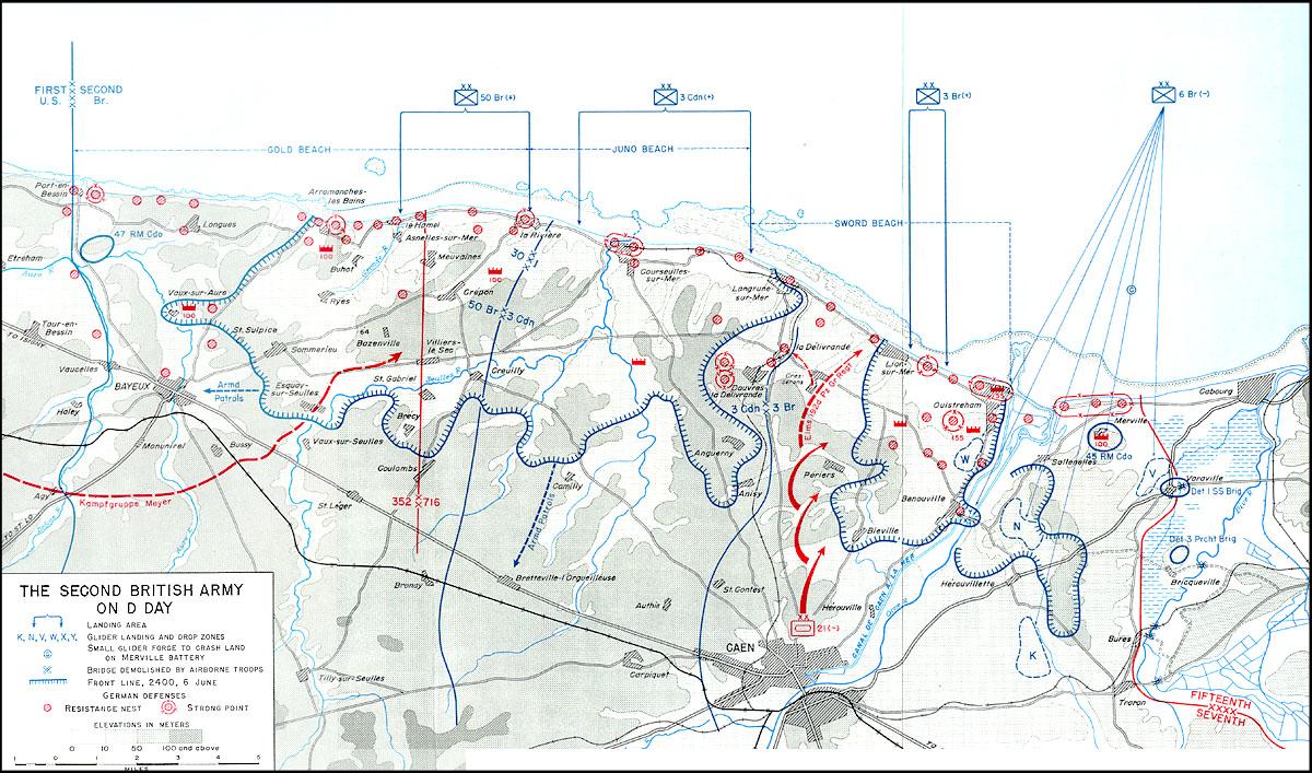 Map showing the British landing area on D-Day