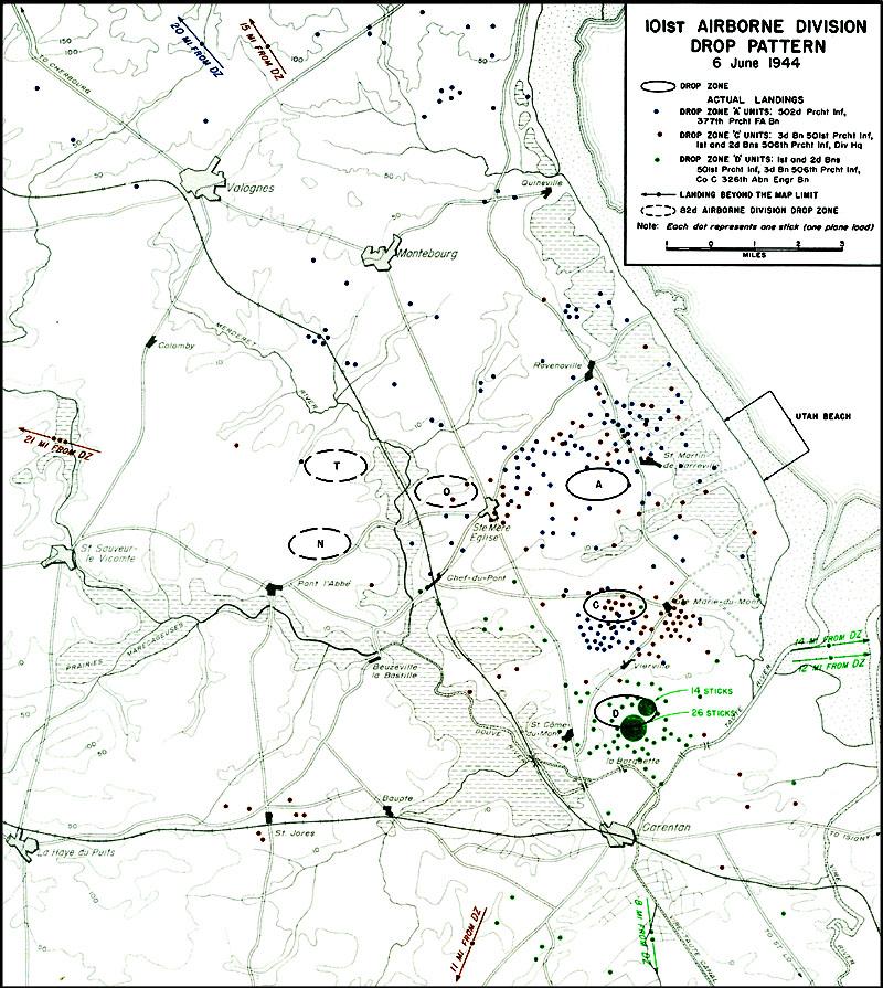 Map showing where paratroopers of the 101st Airborne Division landed in Normandy
