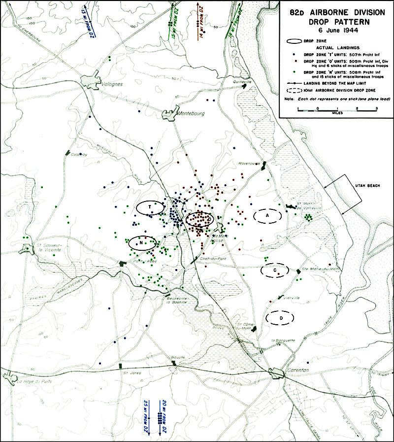 Map showing where paratroopers of the US 82nd Airborne Division landed in Normandy