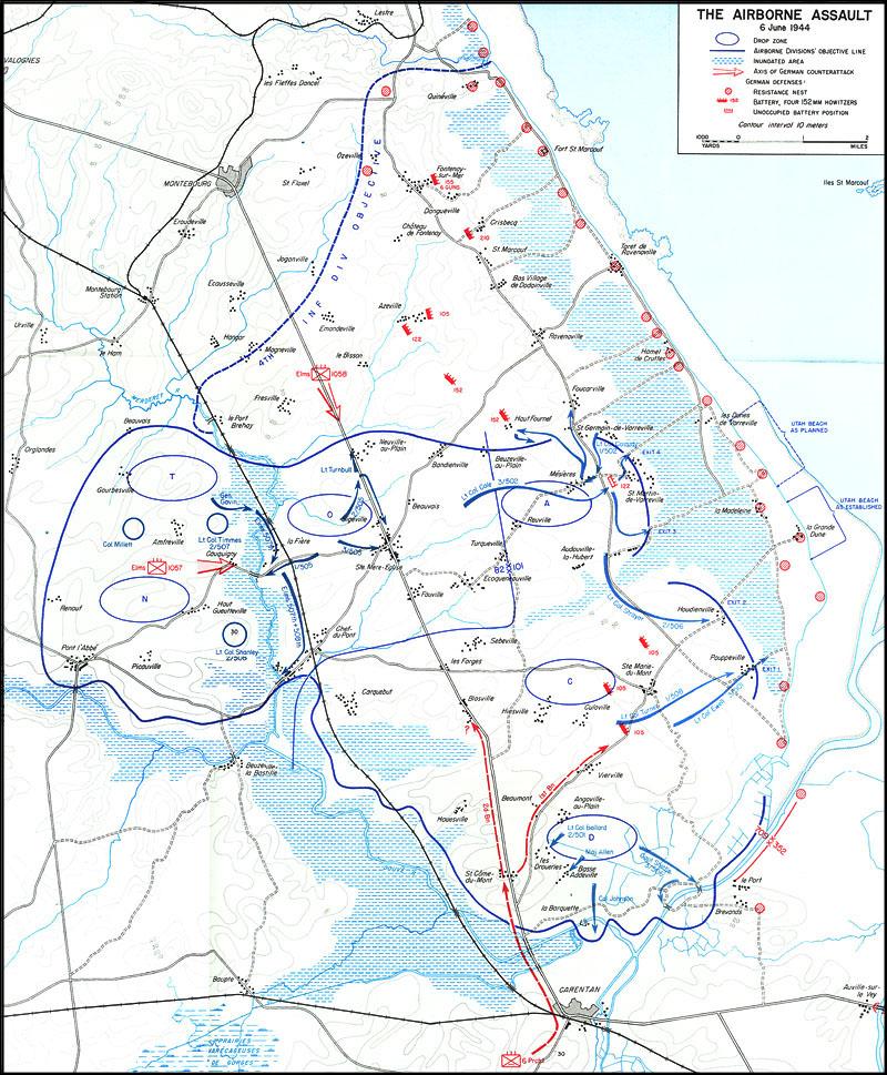 Map of the US Airborne landings on D-Day