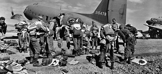 US paratroopers prepare for a jump in the Philippines, February 1945