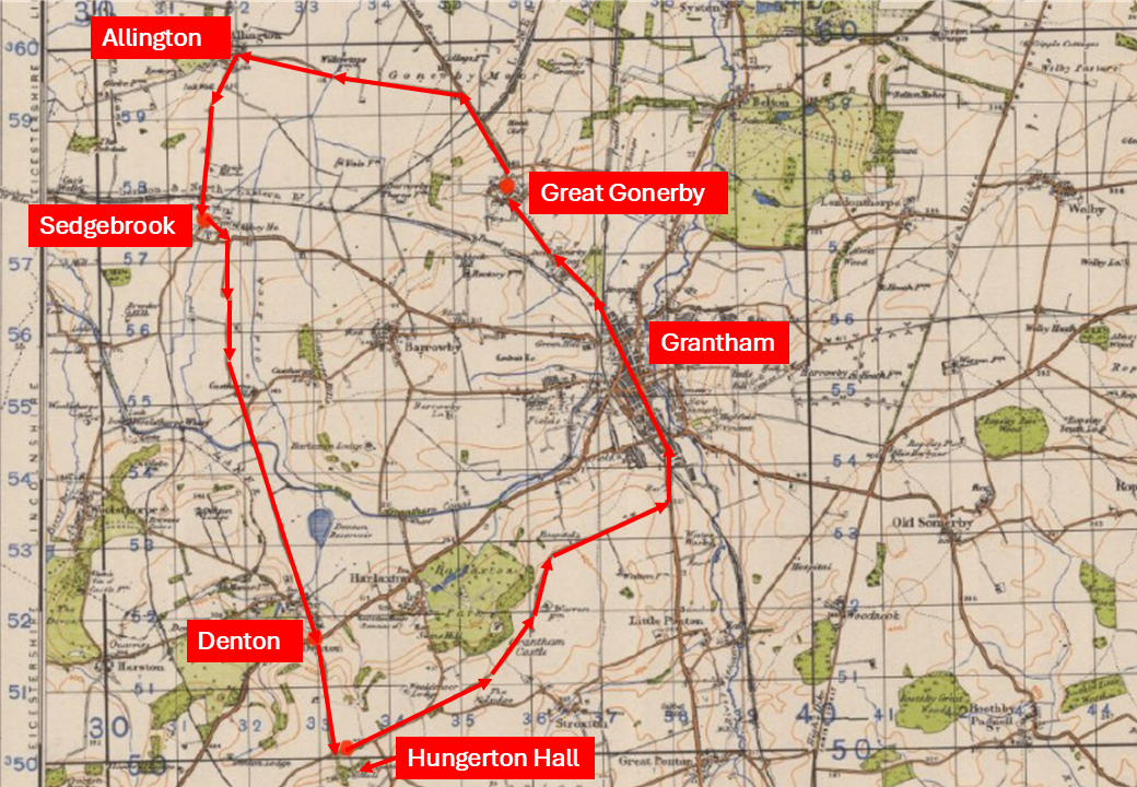 Map of 17-mile route march by C Company, 2nd Parachute Battalion, on 1 May 1944