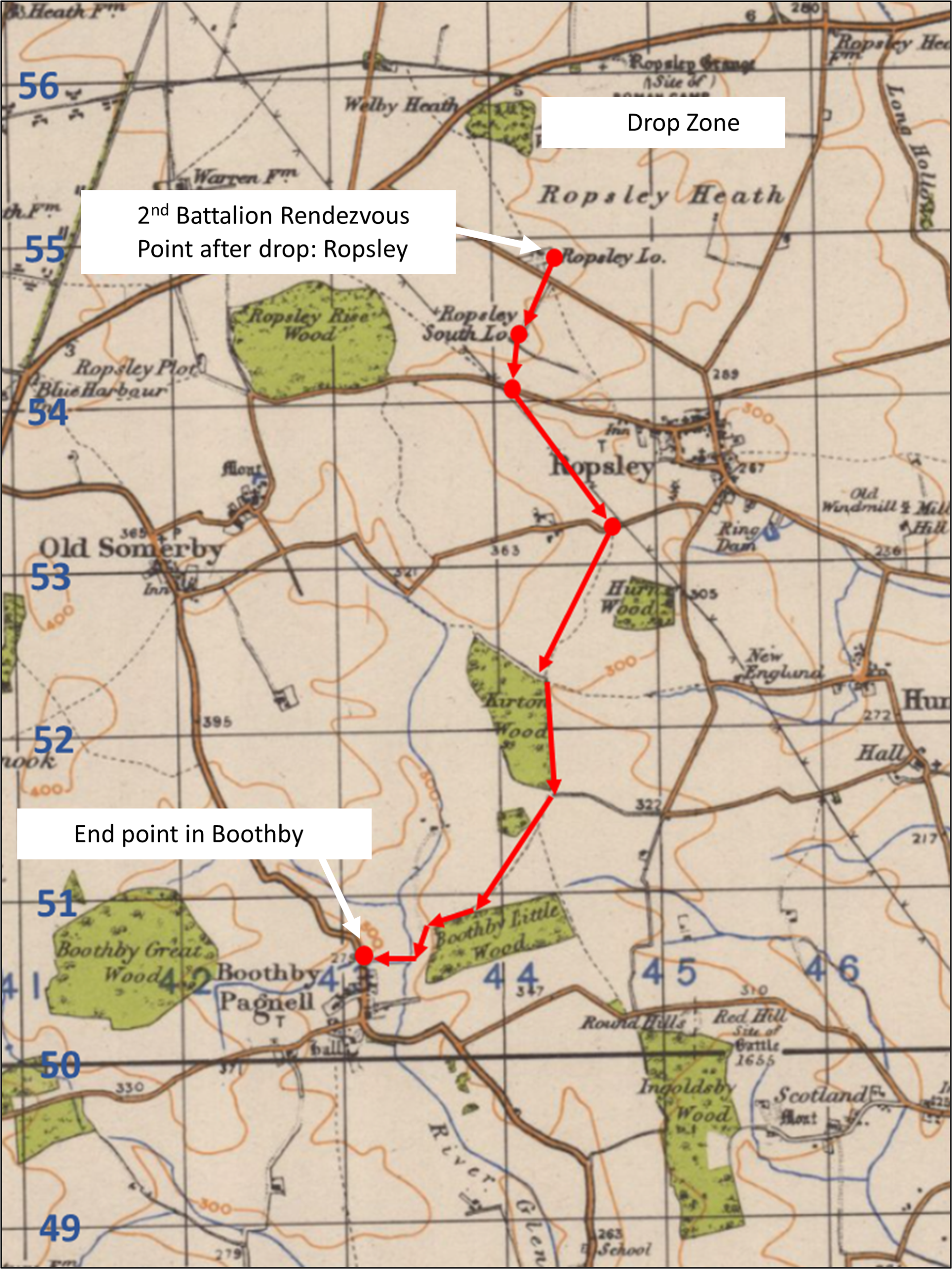 Map showing 2nd Parachute Battalion march route, 12 April 1944