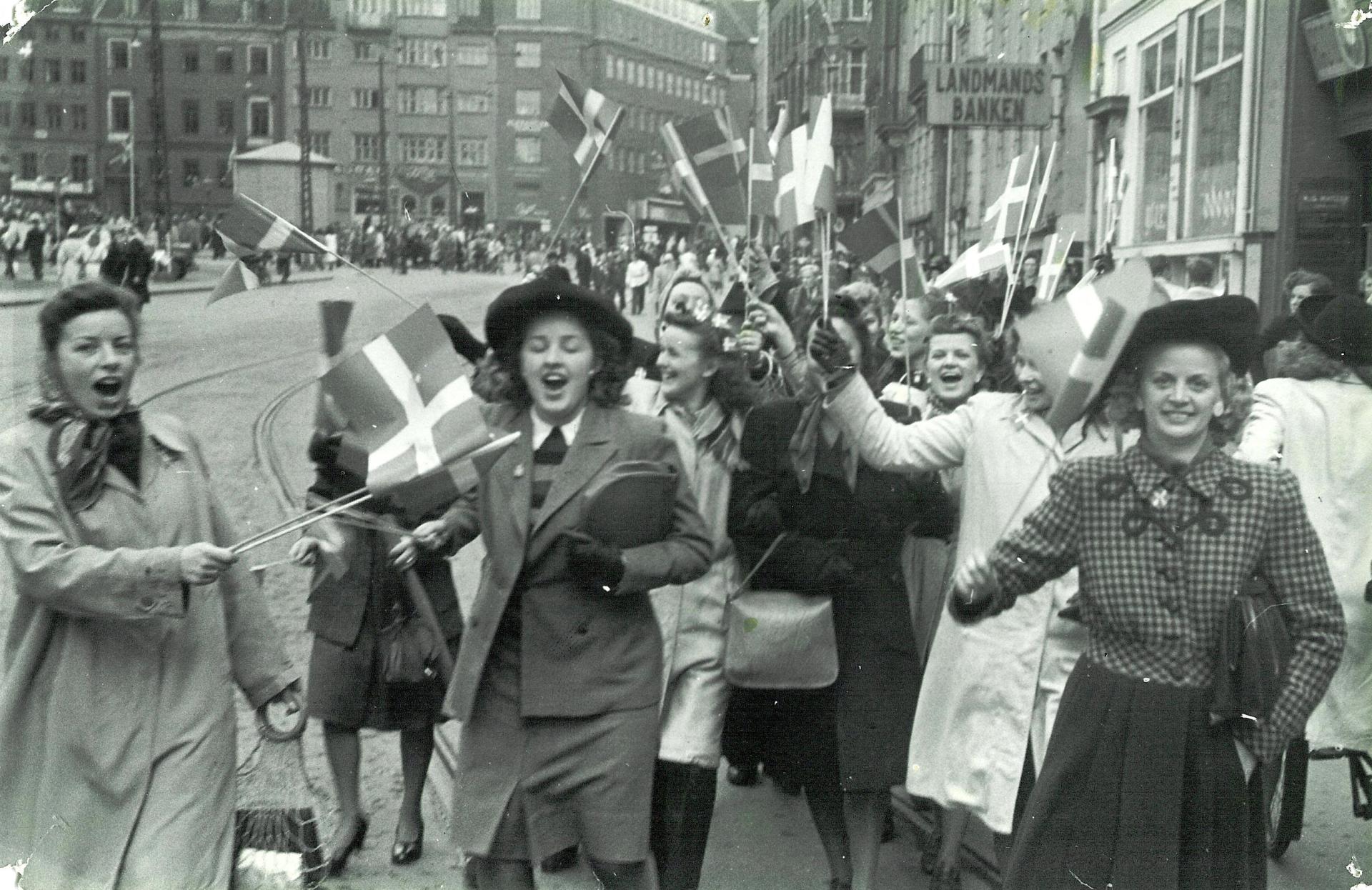 Crowds in Copenhagen celebrate the liberation of Denmark in May 1945