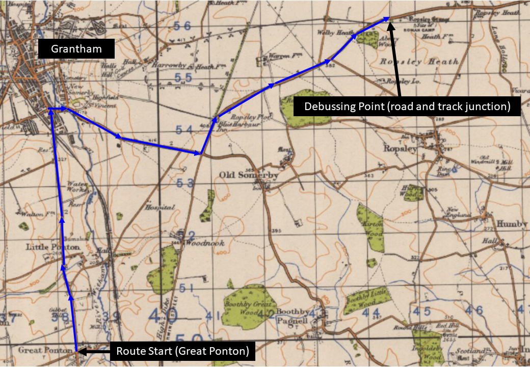 Map of 2nd Battalion's route from Grantham to Ropsley Heath