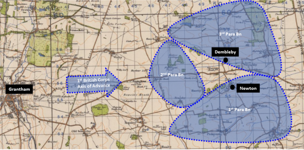 Map showing Allied axis of advance and 2nd Parachute Battalion's Areas of Responsibility