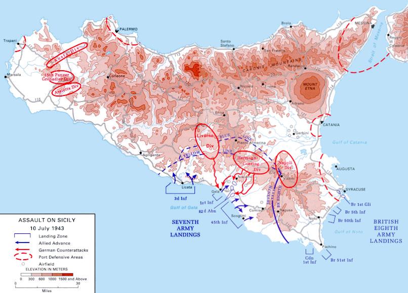 Map showing the planned Allied assault on Sicily on 10 July 1943