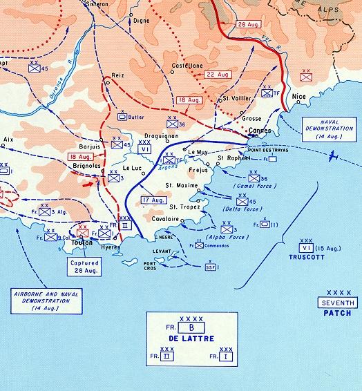 Map of southern France, showing landing areas of Operation DRAGOON