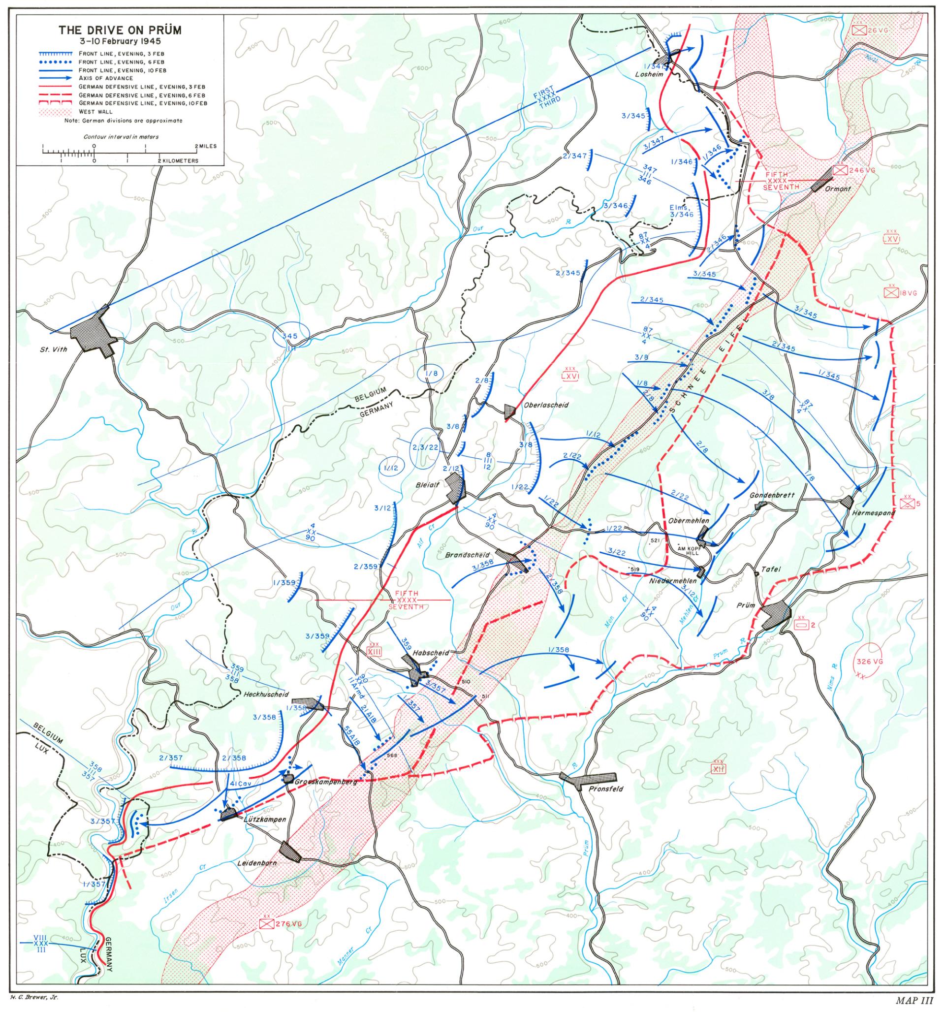 Map showing US advances around the area of Pruem in Germany in 1945
