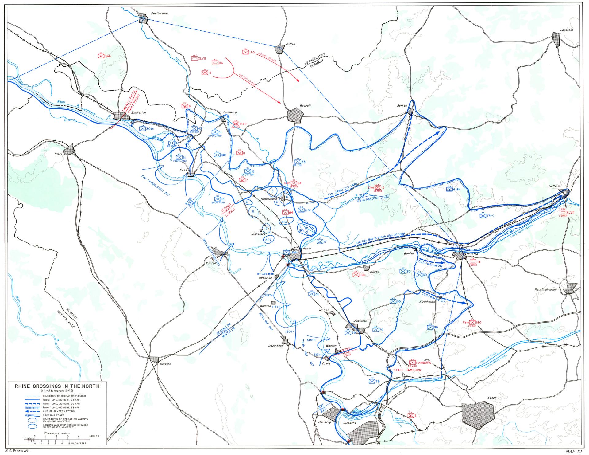 Map of the Allied crossings of the Rhine in the area around Wesel during 24-28 March 1945