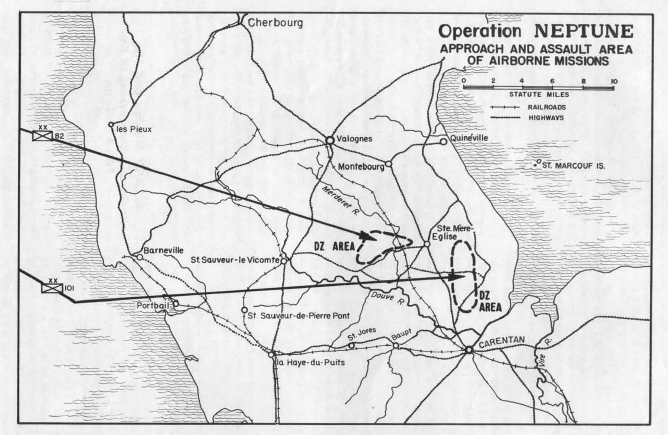 Planned flight routes over Normandy for the US 82nd and 101st Airborne Divisions on D-Day, 6 June 1944
