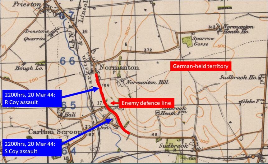 Map of the assault on the enemy line by R and S Companies