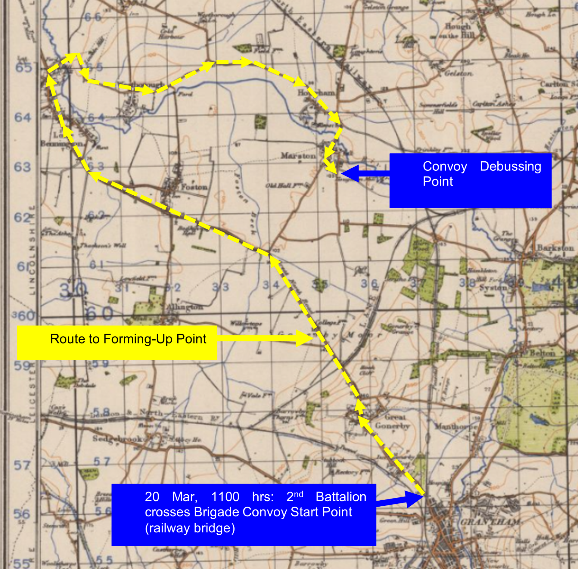 Convoy route of 2nd Parachute Battalion from Grantham to its debussing point at Marston