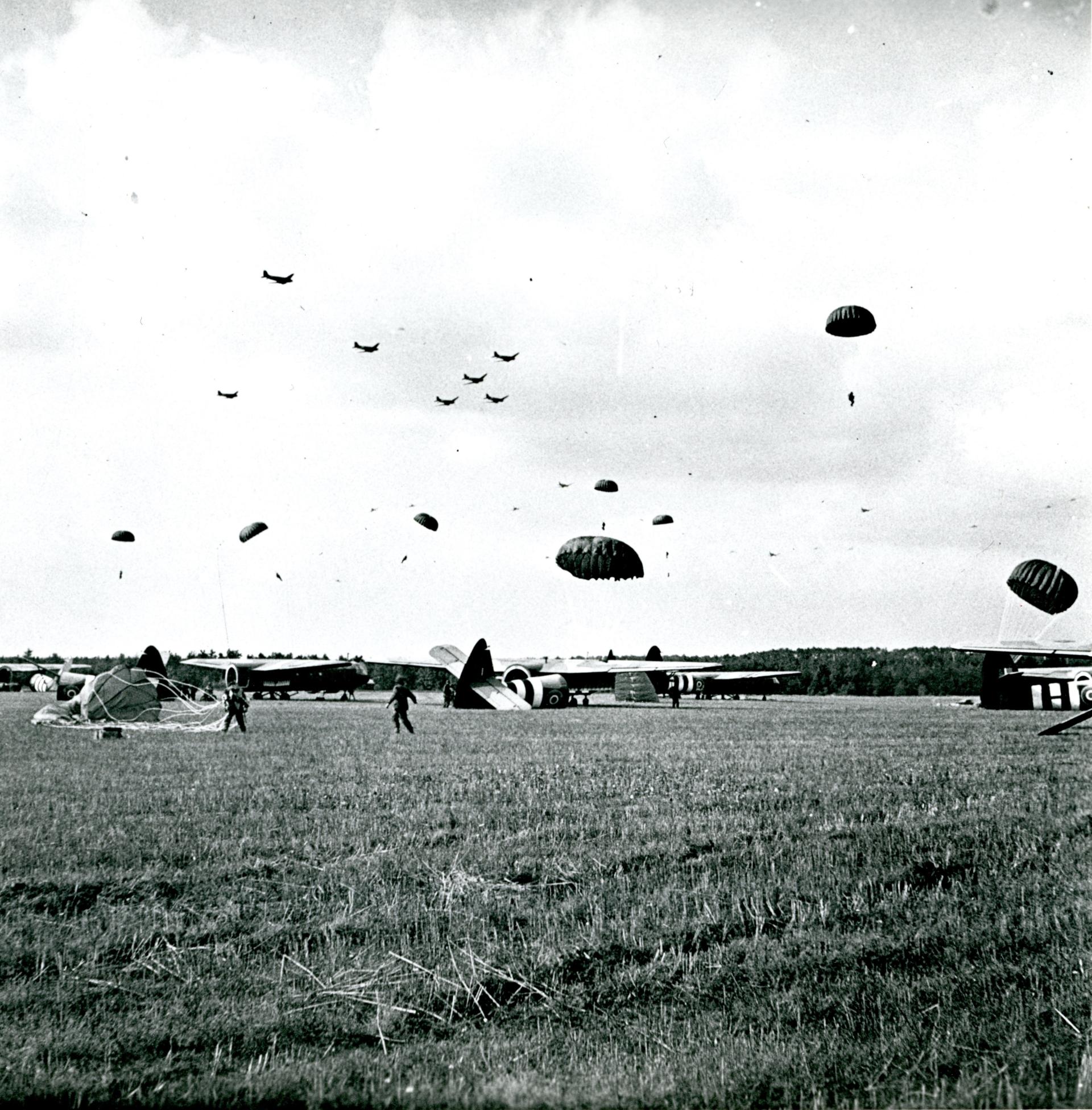 British paratroopers descend on a landing zone near Arnhem