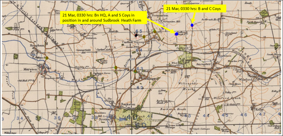 21 March 1944, 0330 hrs: All units of the Battalion in position and digging in