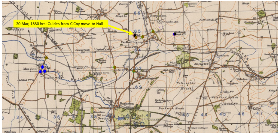 20 March 1944: One platoon from C Company moves to Hall at Carlton Scroop to act as Battalion guides