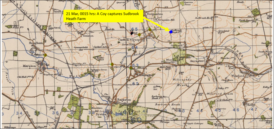 21 March 1944, 0015 hrs: ‘A’ Company captures Sudbrook Heath Farm