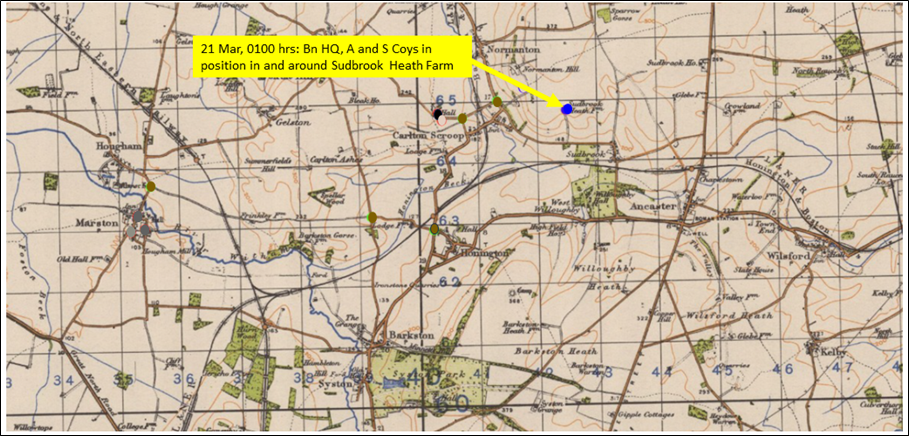 21 March 1944, 0100 hrs: Battalion HQ, ‘A’ and ‘S’ Companies in position in and around Sudbrook Heath Farm; ‘B’ and ‘C’ Companies moving into positions to the east