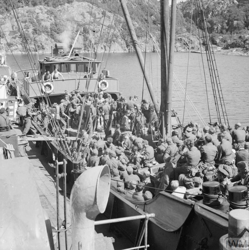 German prisoners of war on board a ship at Mandal preparing to leave for Germany