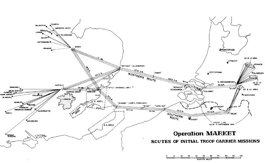 Map of air routes for Operation MARKET GARDEN
