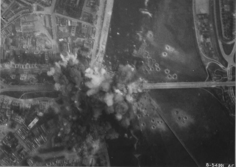 Aerial view of bombs exploding on the Arnhem road bridge
