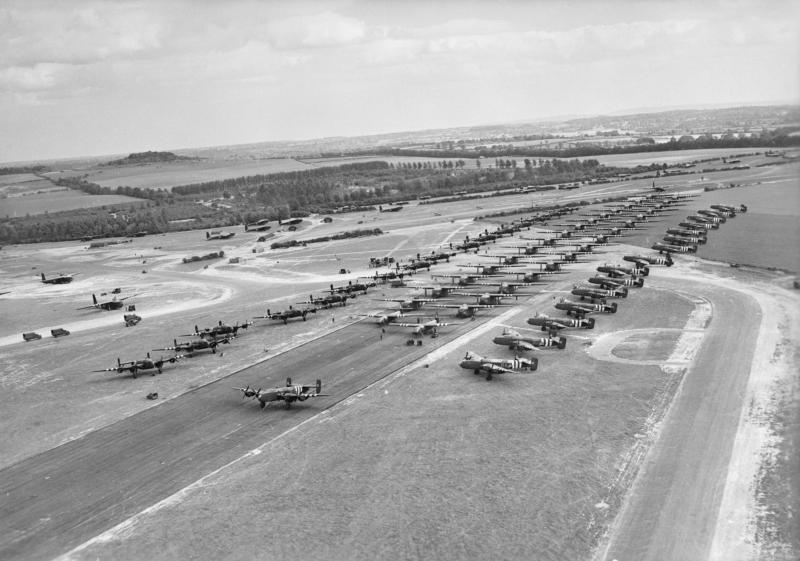 British gliders and tugs lined up at Tarrant Rushton airfield