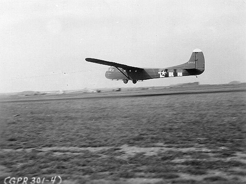 A CG-4A glider lifts off from Barkston Heath airfield