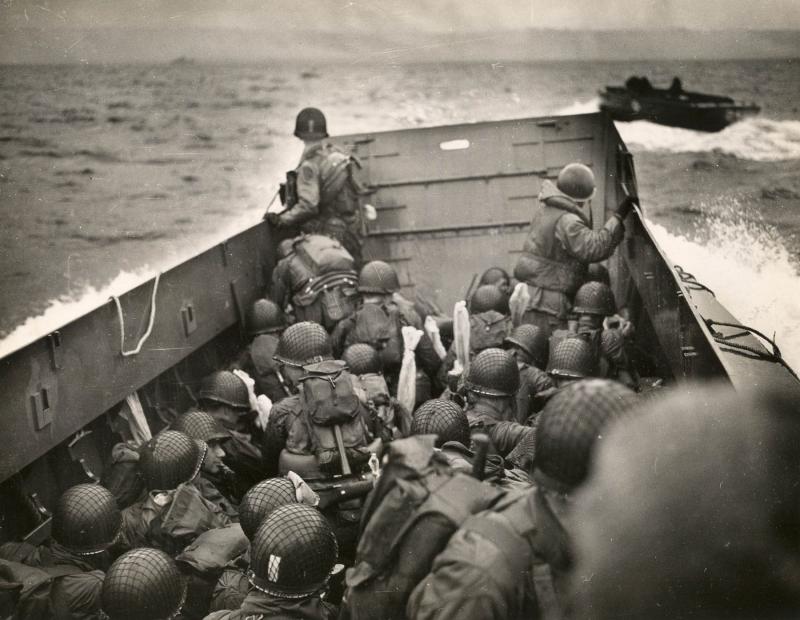 A US landing craft approaches an invasion beach