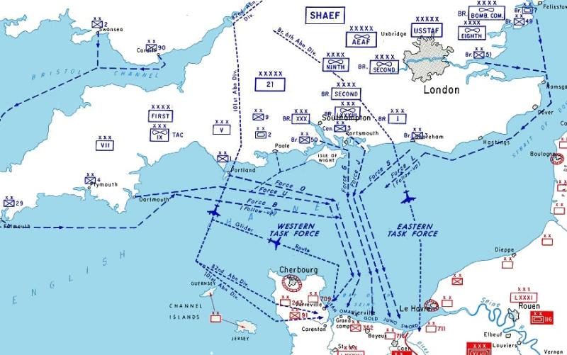 Map showing the amphibious and airborne routes planned for the Allied forces on D-Day, 6 June 1944.