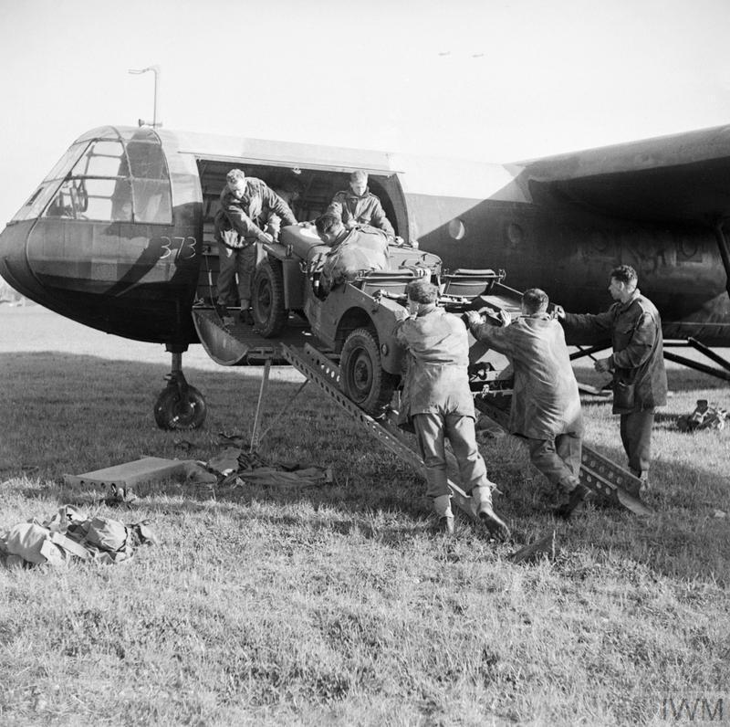 A jeep is loaded aboard a Horsa glider during Exercise MUSH, 22 April 1944.