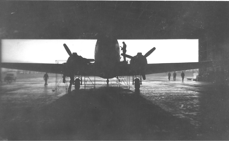 A C-47 undergoes maintenance in one of the T2 hangars on Saltby airfield