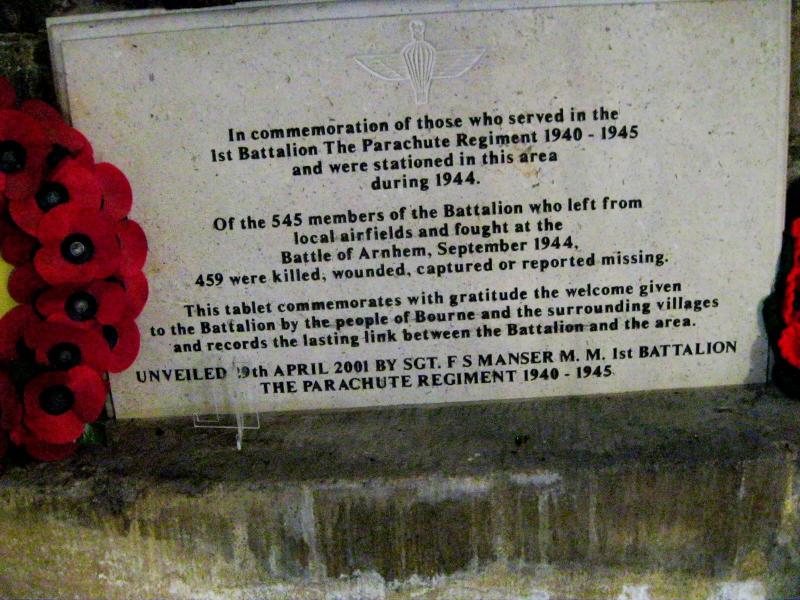Plaque in Bourne Church commemorating the 1st Parachute Battalion
