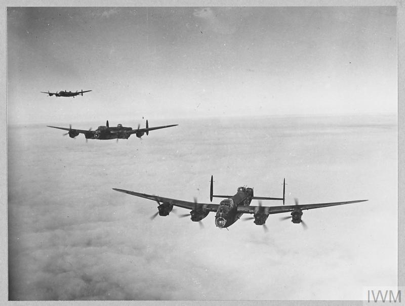 Aerial photo of three Avro Lancaster aircraft