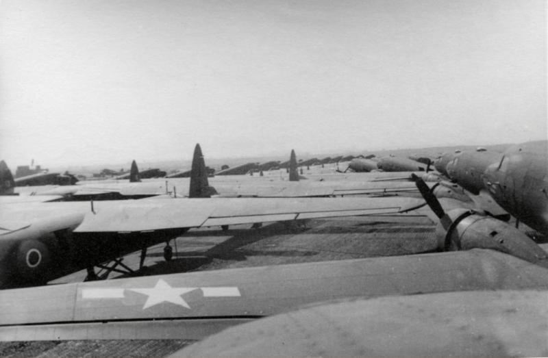C-47 aircraft and Horsa gliders lined up at Bottesford in 1944