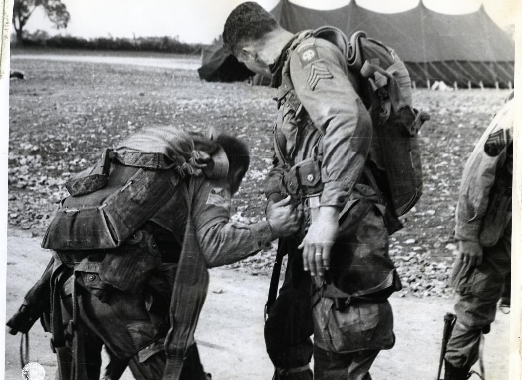 Paratroopers check their equipment at Saltby airfield before D-Day