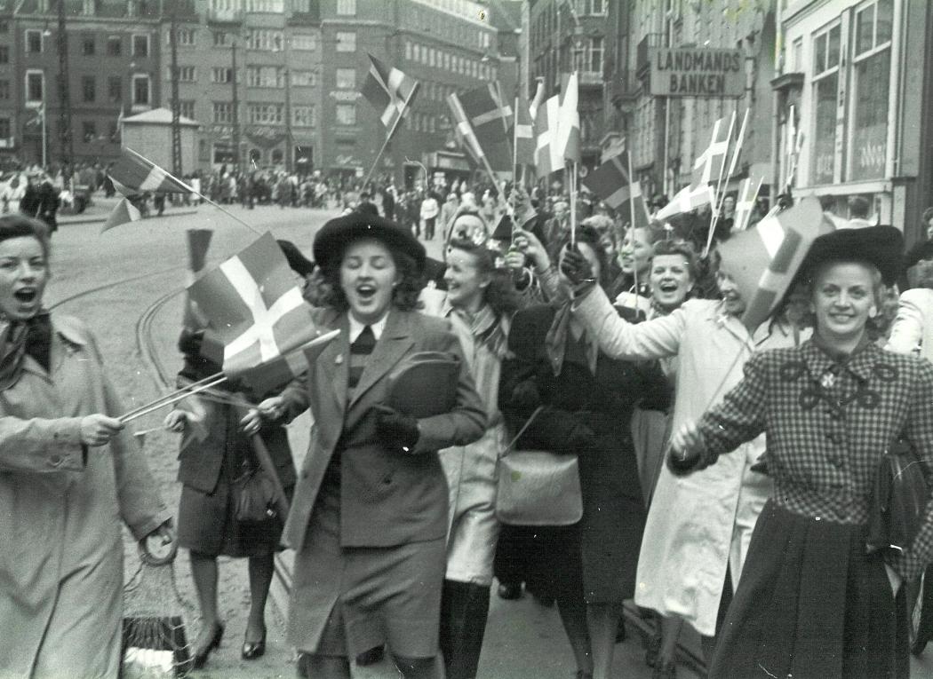 Crowds in Copenhagen celebrate the liberation of Denmark in May 1945