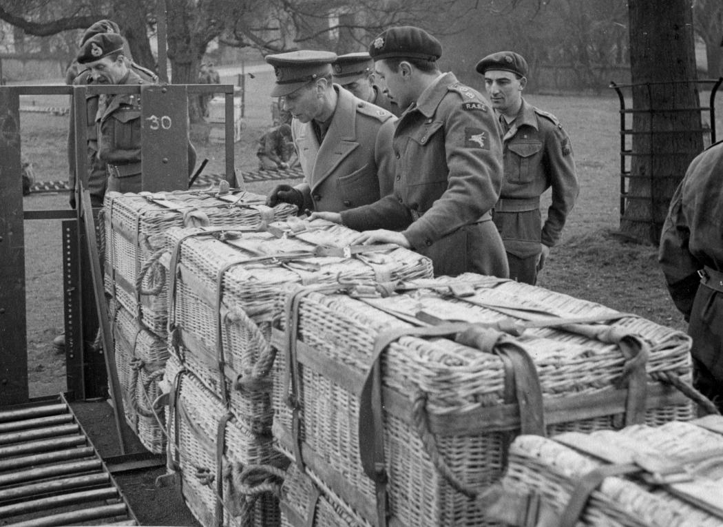 The King inspects a supply pannier at Harlaxton Manor